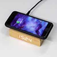 KH-WC063 Very Slim Electronic LED Digital Alarm Desk Wooden Clock with Wireless Charger for Iphone